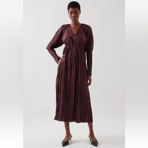 COS LONG-SLEEVE PLEATED MAXI DRESS BURGUNDY SZ 12